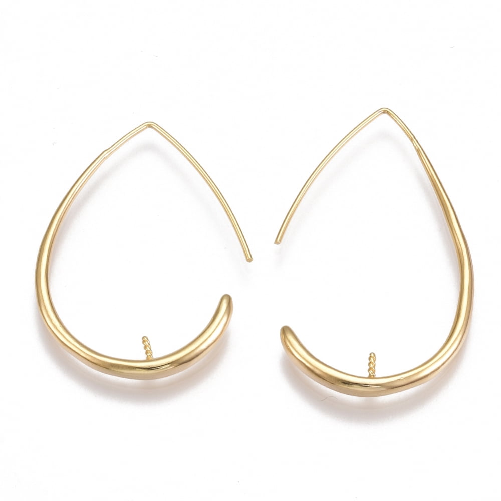 30pc Brass Earring Hooks For Half Drilled Beads Nickel Free Real 18K Gold Plated 37~42x26x3mm 20 Gauge Pin: 0.8mm