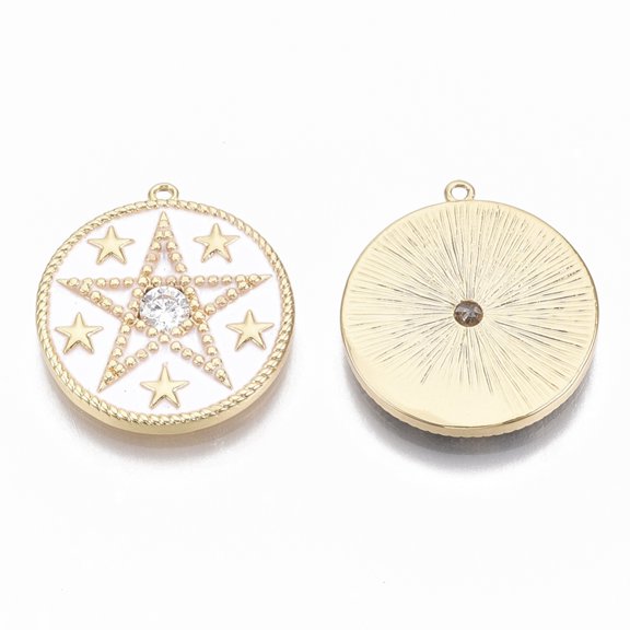 30pc Brass Micro Pave Clear Cubic Zirconia Pendants with Enamel Nickel Free Flat Round with Star Real 18K Gold Plated White 21x19.5x2.5mm Hole: 1mm