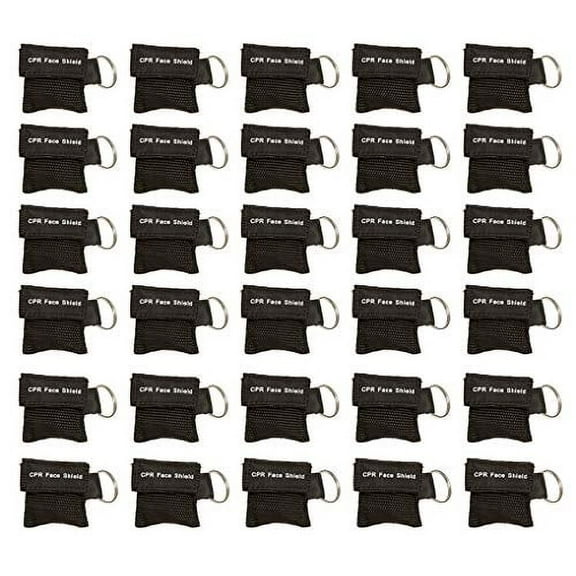 30pc CPR Mask Keychain Emergency Kit CPR Face Shields for First Aid AED Training Child and Adult CPR Breathing Barrier (Black)