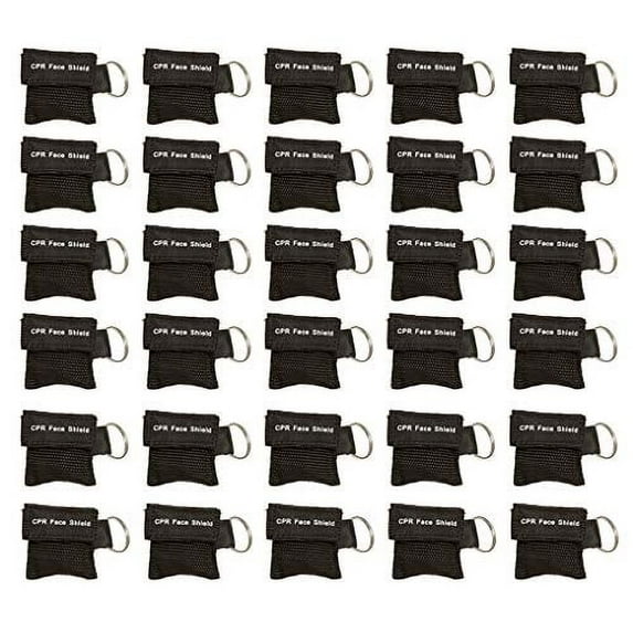 30pc CPR Mask Keychain Emergency Kit CPR Face Shields for First Aid AED Training Child and Adult CPR Breathing Barrier (Black)