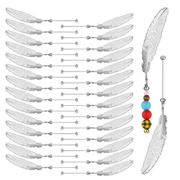 30pc DIY Beadable Bookmarks,Blank Bar with FeatherPendant Beaded Page Holder Book Mark CraftMaking Kit for Book Lovers A