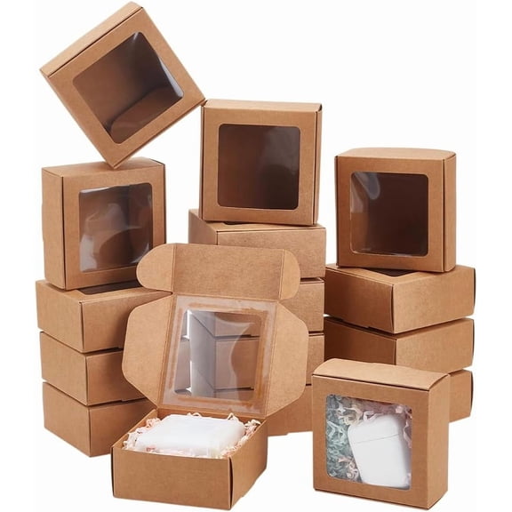 30pc Foldable Creative Kraft Paper Mailer Boxes with Visible Window Shipping Boxes Square Saddle Brown 9.1x9.1x4cm