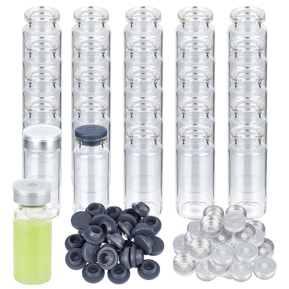 30pc Glass Lab Sample Vials with Butyl Stopper & Plastic Top Cap Clear 55x21.5mm Capacity: 10ml(0.34fl. oz)