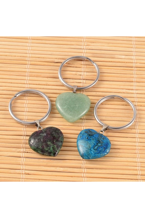30pc Heart Natural & Synthetic Mixed Gemstone Keychain with 316 Surgical Stainless Steel Keychain Clasps 48mm