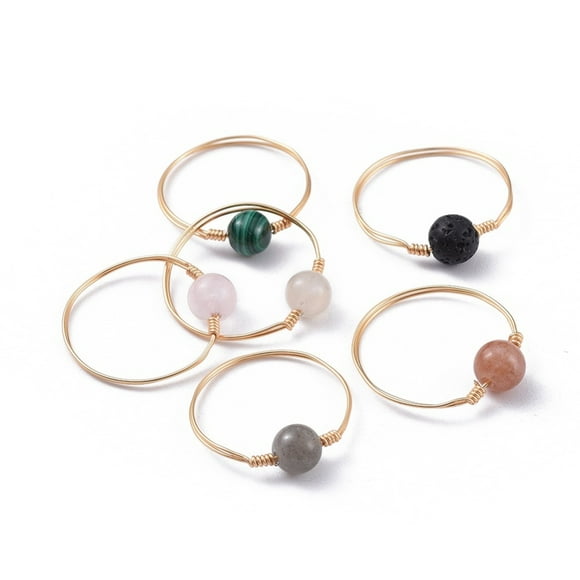 30pc Natural Gemstone Finger Rings with Brass Copper Jewelry Wire Golden Size 8~10 18~20mm DIY