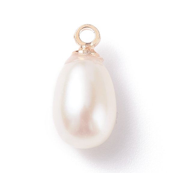 30pc Natural Pearl Charms with Light Gold Tone Brass Loops Rice White 11~12.5x5~7mm Hole: 1.5mm Mixed Color