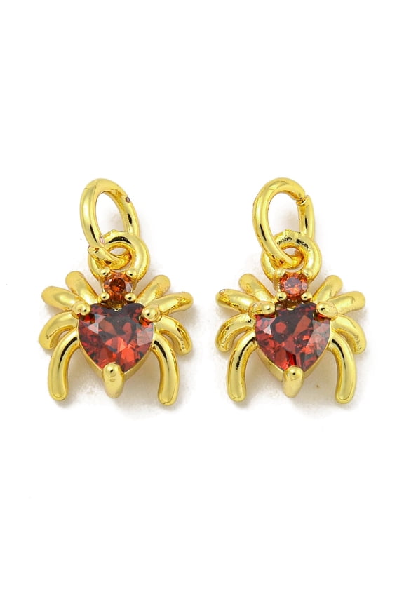 30pc Rack Plating Brass Micro Pave Cubic Zirconia Spider Charms Long-Lasting Plated Cadmium Free & Lead Free Red 9x8x4mm Hole: 3.5mm