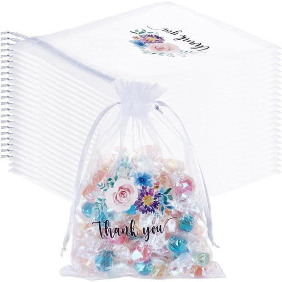 30pc Thank You Flower Printed Organza Drawstring Bags Candy Storage Bags Rectangle White 18x12.7x0.01cm