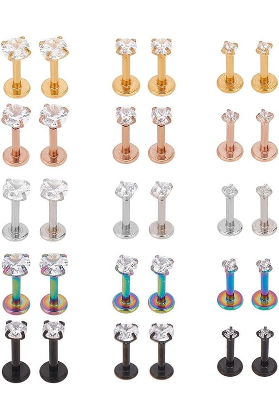 30pcs 15 style Cubic Zirconia Lip Rings Stainless Steel Flat Back Studs Tragus Cartilage Lip Piercing Jewelry Mixed color 8.5~9.5x4mm 2pcs/style