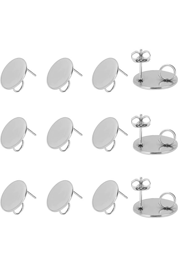30pcs 15mm Flat Round Stud Earring Settings Stainless Steel Ear Stud with Loop and Ear Nuts 0.7mm Pin Earring Finding for Jewelry Making Stainless Steel Color for DIY