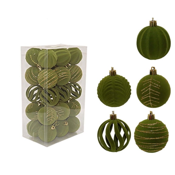 30pcs 2.36in Olive Green Flocked Christmas Balls, Vintage Xmas Tree Hanging Baubles for Holiday Birthday Home Decor