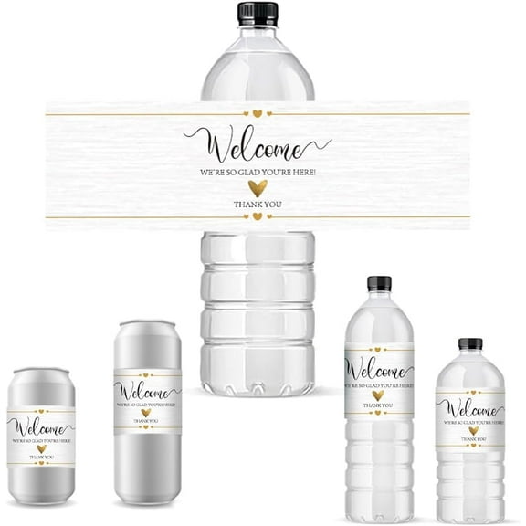 30pcs 2.5"x8.5" Water Bottle Labels Welcome Waterproof Stickers Gold Lines Heart Water Bottle Wrappers Wraparound Labels Wedding Labels