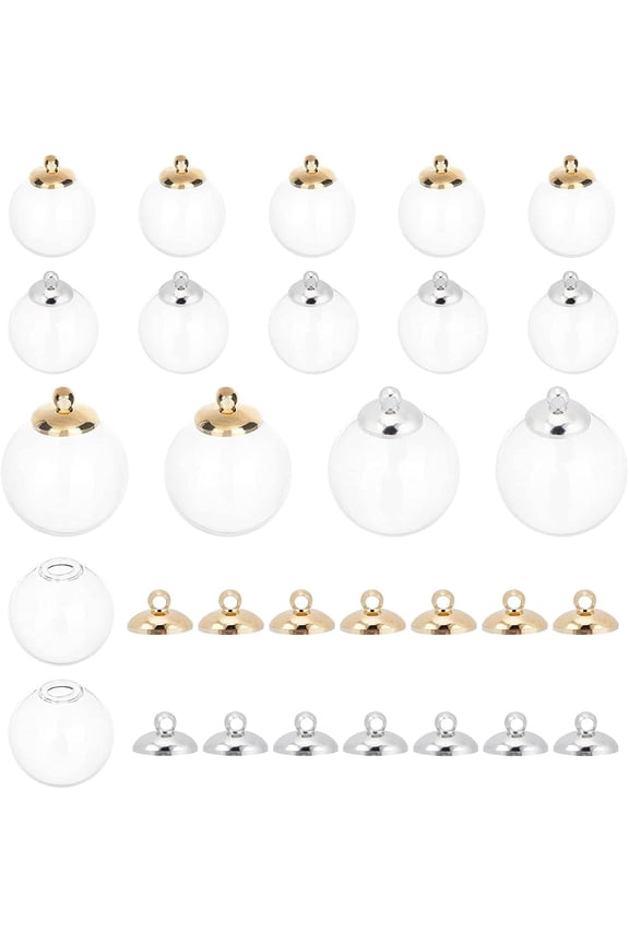 30pcs 20mm Mini Clear Ornaments Clear Glass Globe Bottle Wish Glass Ball Bottles Hanging Ball Vial Charm for Christmas Earring Making Home Holiday Wedding Decor 10mm Cap (Silver Gold) DIY