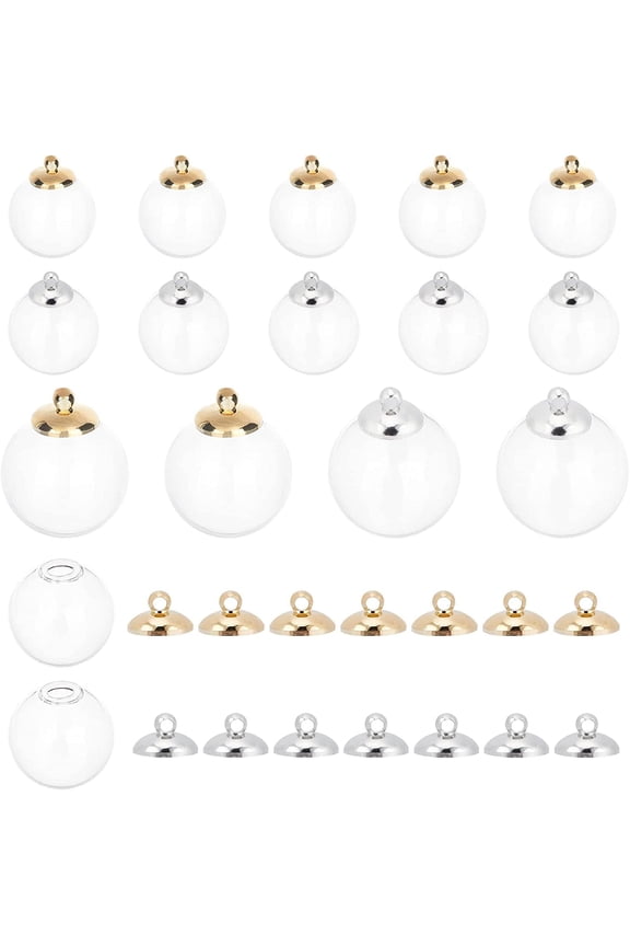 30pcs 20mm Mini Clear Ornaments Clear Glass Globe Bottle Wish Glass Ball Bottles Hanging Ball Vial Charm for Christmas Earring Making Home Holiday Wedding Decor 10mm Cap (Silver Gold)