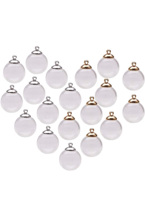 30pcs 20mm Mini Clear Ornaments Clear Glass Globe Bottle Wish Glass Ball Bottles Hanging Ball Vial Charm for Christmas Earring Making Home Holiday Wedding Decor 10mm Cap (Silver Gold) DIY Clear