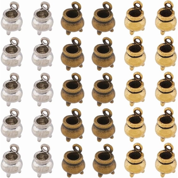 30pcs 3-Color Magic Charms Small Censer Tibetan Style Alloy Charms Cauldron Pendants Jewelry