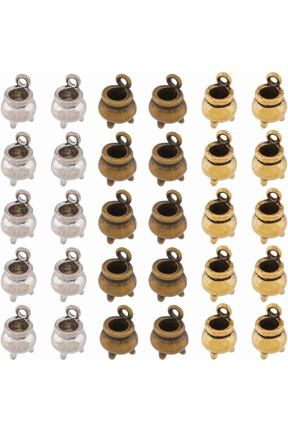 30pcs 3-Color Magic Charms Small Censer Tibetan Style Alloy Charms Cauldron Pendants Jewelry