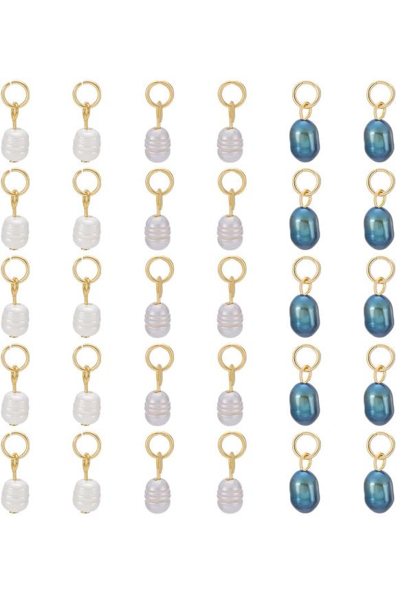 30pcs 3 Colors Natural Pearl Charms Freshwater Pearl Pendants 20mm Pearls Dangle Charms with Golden Jump Rings for Earring Bracelet Necklace Jewelry Making