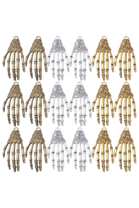 30pcs 3 Colors Skeleton Skull Hand Charms Tibetan Alloy Hand Claw Pendants Punk Horror  Accessories for Necklace Bracelet Jewelry Making Halloween Party Decoration,