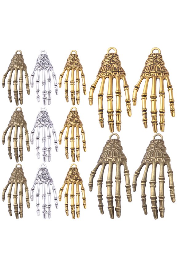 30pcs 3 Colors Skeleton Skull Hand Charms Tibetan Alloy Hand Claw Pendants Punk Horror Bone Claw DIY Accessories for Necklace Bracelet Jewelry Making Halloween Party Decoration