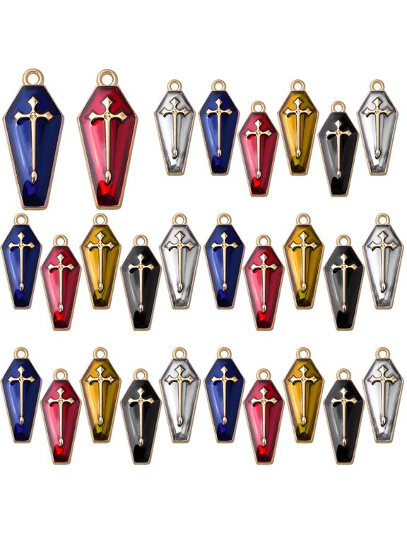 30pcs 5 Colors Enamel Halloween Cross Charms Alloy Gothic Halloween Theme Coffin with Crosses Dangle Pendants for DIY Necklace Earrings Jewelry Making Party Decor