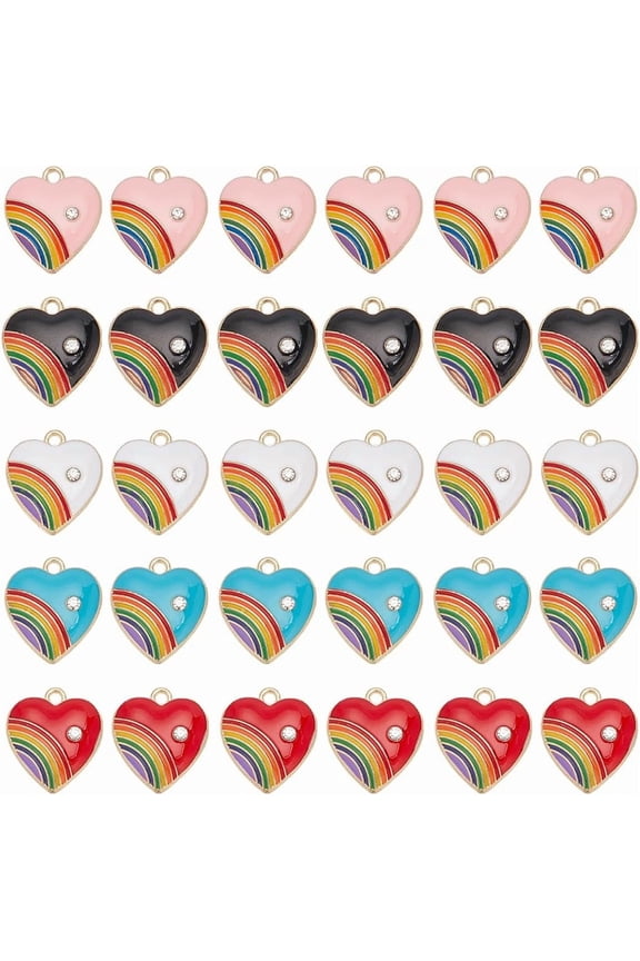 30pcs 5 Colors Rainbow Heart Charm Love Charms Alloy Rhinestone Golden Love Gay Pride Rainbow Strip Sweet Heart Charms Bulk for Jewelry Making Charms Earring