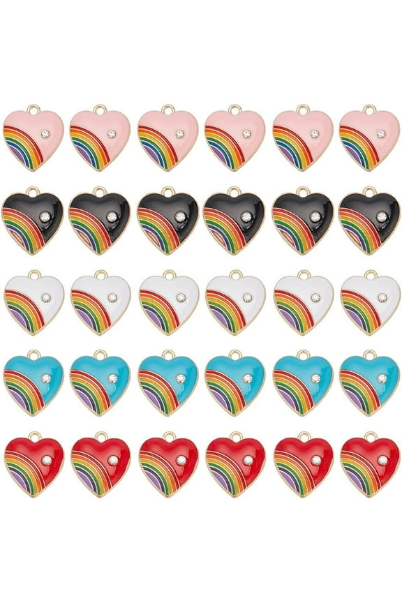30pcs 5 Colors Rainbow Heart Charm Love Charms Alloy Rhinestone Golden Love Gay Pride Rainbow Strip Sweet Heart Charms Bulk
