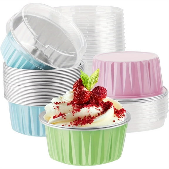 30pcs 5oz Disposable Creme Brulee Ramekins, Disposable Aluminum Foil Cupcake Liners Ramekins Baking Cups, Dessert Cups with Lids Mini Aluminum Cheesecake Bundt Cake Pan