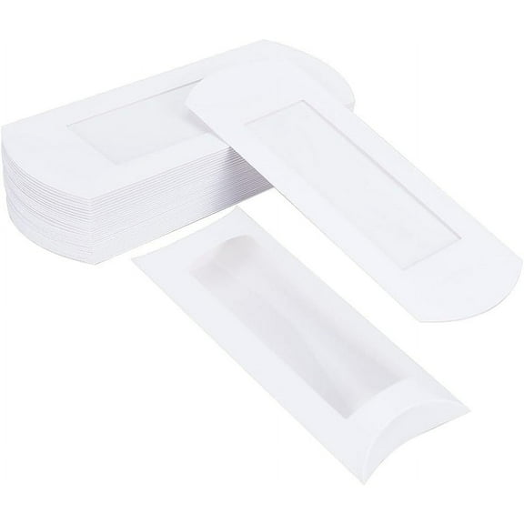 30pcs 6.3x2.8x1inch White Paper Pillow Candy Boxes Gift Boexes with PVC Visible Window
