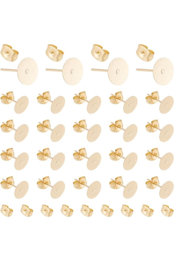 30pcs 8mm Golden Flat Pad Stud Earring Hypoallergenic Stud Earring with Ear Nuts 0.8mm Pin Stainless Steel Earring for DIY Earrings Jewelry Making Golden