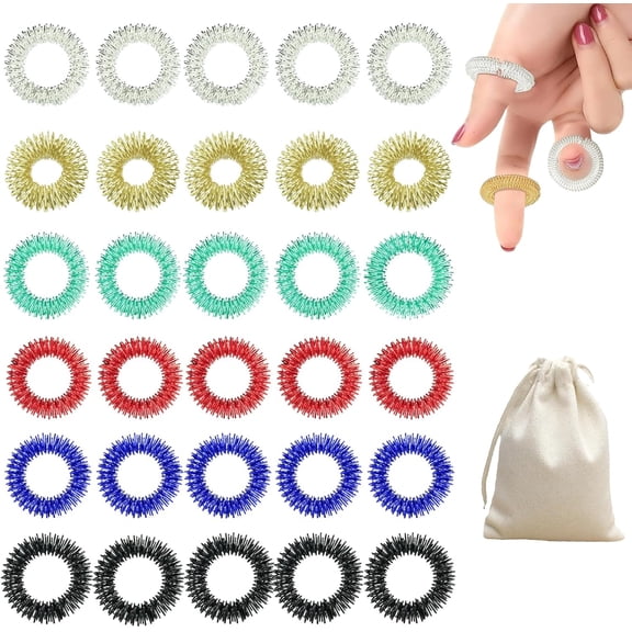 30pcs Acupressure Rings with Drawstring Bag, Massage Rings for Stress Relief Anxiety, Silent Stress Reducer for Teens and Adults, Spiky Sensory Finger Rings for Promoting Blood Circulation.