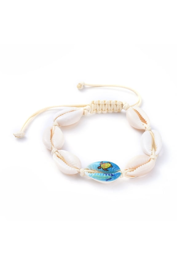 30pcs Adjustable Printed Cowrie Shell Bead Bracelets with Waxed Polyester Cord Sea Turtle Pattern Inner Diameter: 2 inch~3-1/4 inch(5~8.3cm)