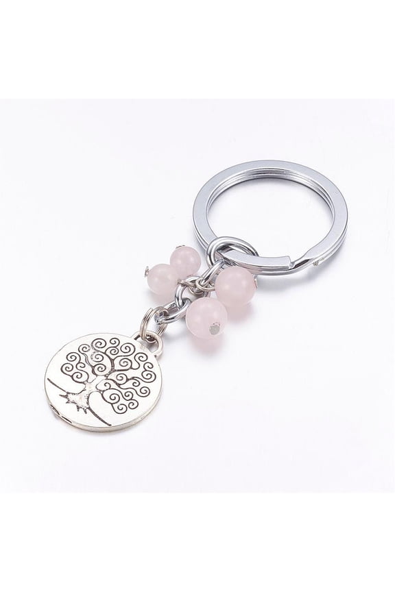 30pcs Alloy Keychain with Rose Quartz Beads Flat Round with Tree of Life 89mm