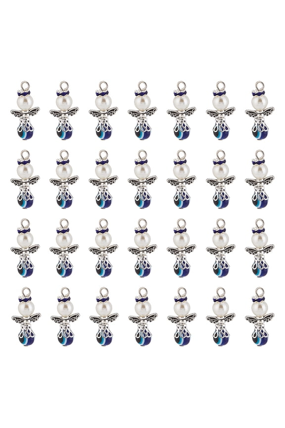 30pcs Angel Wing Charms Silver Angle Wing Pendants with White Pearl Beads Blue Eyes Angel Fairy Wing Beads Dangle Pendants for DIY Necklace Bracelet