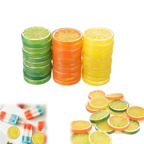 30pcs Artificial Lemon Slices,QZS Fake Artificial Plastic Fruit Model Decorative for Wedding,Reusable Photography Props,Festival Decoration(Green,Yellow,Orange)