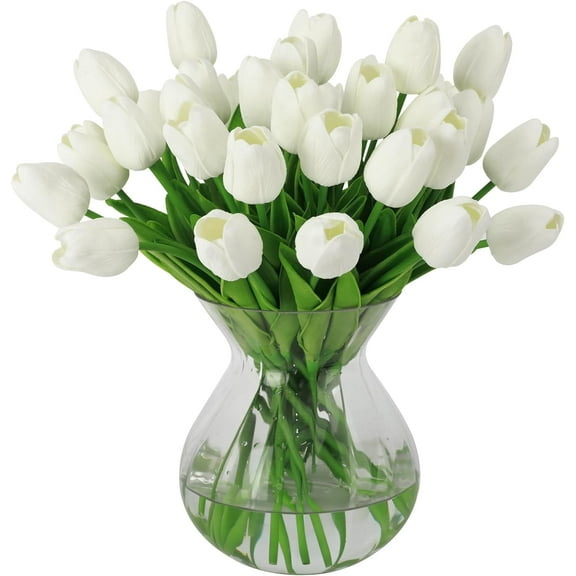 30pcs Artificial Tulip Flowers Fake Real Touch Tulips Flower Bouquet for Wedding Arrangements Centerpieces Home Decoration (White)