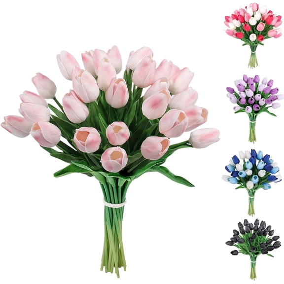 30pcs Artificial Tulips Flowers Fake Latex Tulip Stems - Real Touch Faux Lavender Purple Tulips Flower for Easter Spring Wedding Bouquet Centerpiece Floral Arrangement Wedding Cemetery Table Decor