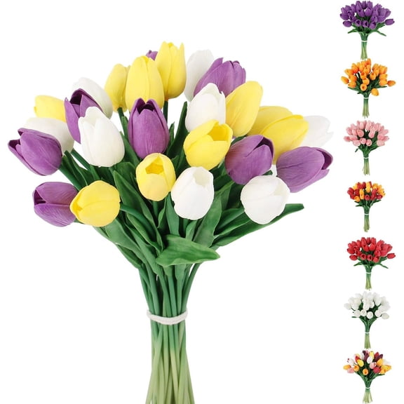 30pcs Artificial Tulips Flowers Fake Latex Tulip Stems - Real Touch Faux Lavender Purple Tulips Flower for Easter Spring Wedding Bouquet Centerpiece Floral Arrangement Wedding Cemetery Table Decor
