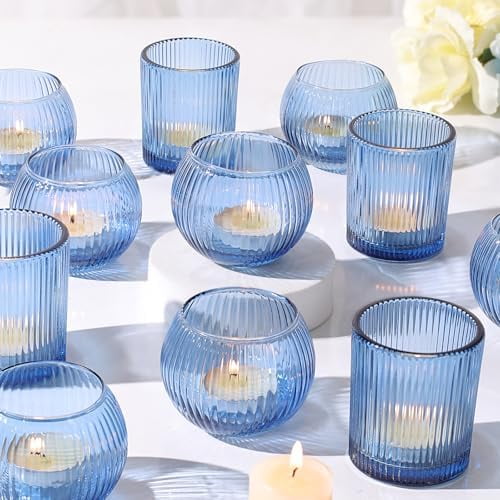 30pcs Assorted Ribbed Blue Votive Candle Holders, Blue Candle Holders for Wedding Table Centerpiece, Tea Light Candle Holder for Bridal Shower, Propose Party, Brithday and Holiday Decorations