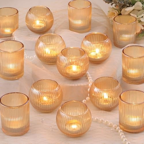 30pcs Assorted Ribbed Gold Votive Candle Holders, Gold Candle Holders for Wedding Table Centerpiece, Tea Light Candle Holder for Bridal Shower, Thanksgiving, Christmas, Brithday and Holiday Decor