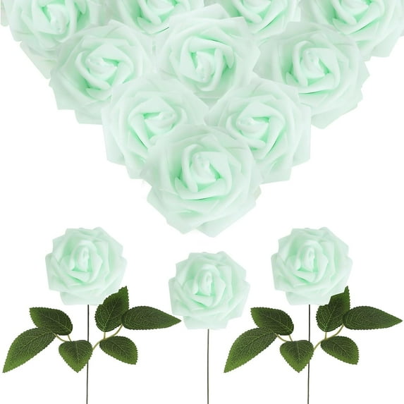 30pcs Baby Blue Roses Foam Flowers Artificial Roses with Stems, Fake Roses with Fake Flowers for DIY Wedding Bouquets Baby Shower Centerpieces Floral Party Home Décor (Light Blue)