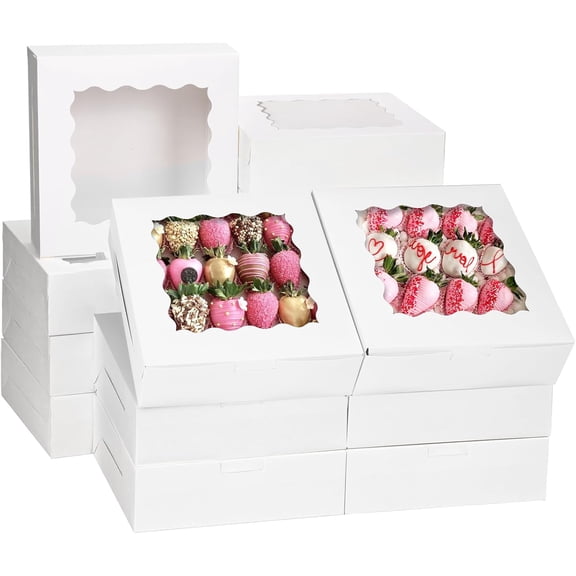 30pcs Bakery Boxes, 8x8x2.5 Cookie Boxes with Window, White Treat Containers for Donuts, Chocolate Strawberries, Pie