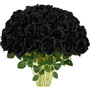30pcs Black Roses Artificial Flowers,Realistic Silk Black Artificial Roses Bouquet with Long Stems for Wedding Flower Arrangement Halloween and Gothic Home Party Decorations
