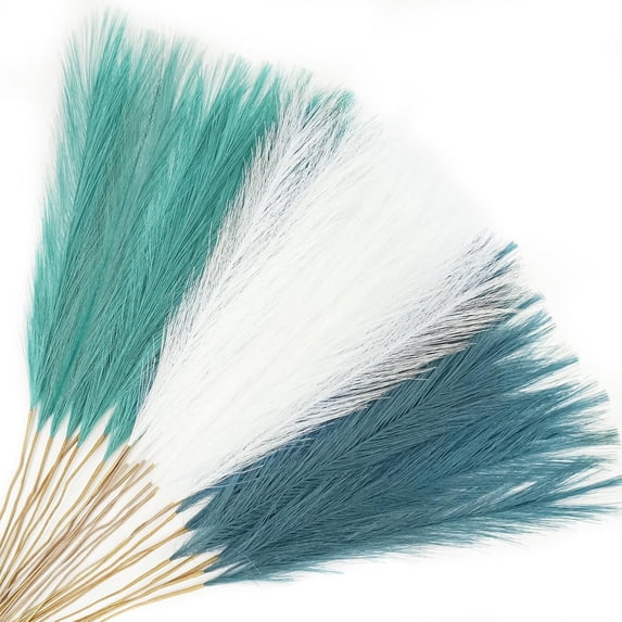 30pcs Blue Faux Pampas Grass Decor, 21.6in Fluffy Artificial Colored Pampas Grass Short Light Blue Fake Pampas Vase Filler Flower Arrangement for Home Wedding Centerpieces Decorations