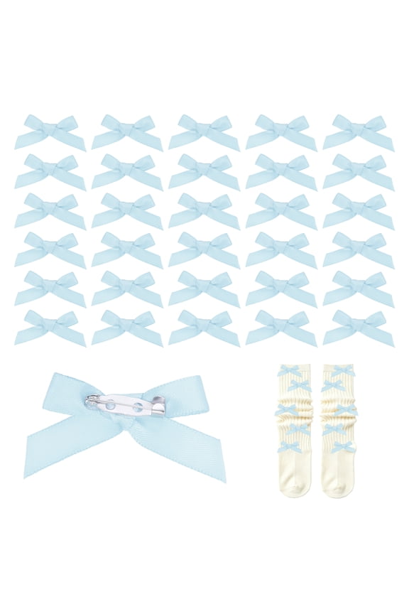 30pcs Bow Charms for Socks,Ribbon Bow Brooch Safety Pins Mini Ribbon Bow Junk Socks Charms Brooch Pins for Shoes, Shirts, Hats, Jeans, Clothing Accessories Bulk(Blue)