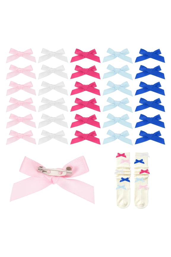 30pcs Bow Charms for Socks,Ribbon Bow Brooch Safety Pins Mini Ribbon Bow Junk Socks Charms Brooch Pins for Shoes, Shirts, Hats, Jeans(Pink/Blue/Deep Rose/Sapphire Blue/White)
