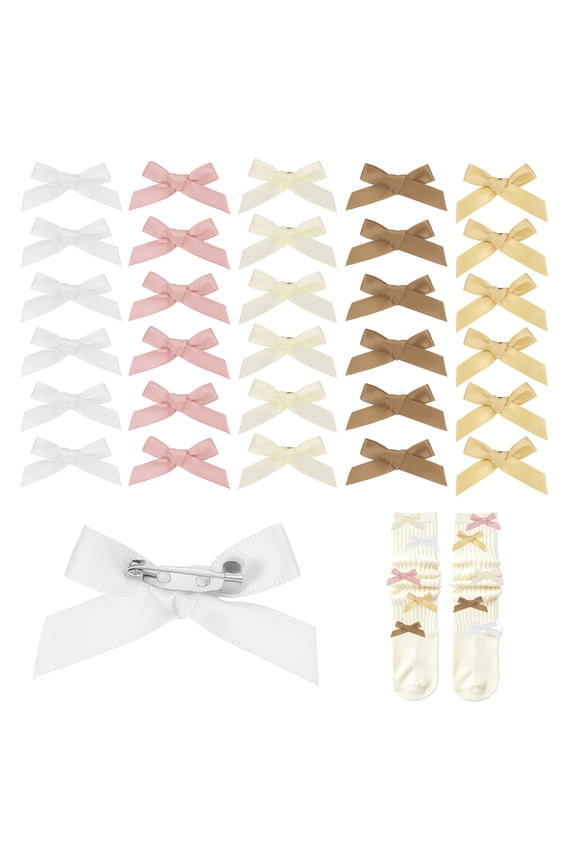 30pcs Bow Charms for Socks,Ribbon Bow Brooch Safety Pins Mini Ribbon Bow Junk Socks Charms Brooch Pins for Shoes, Shirts, Hats, Jeans(White/Beige/Gold/Khaki/Pure Pink)