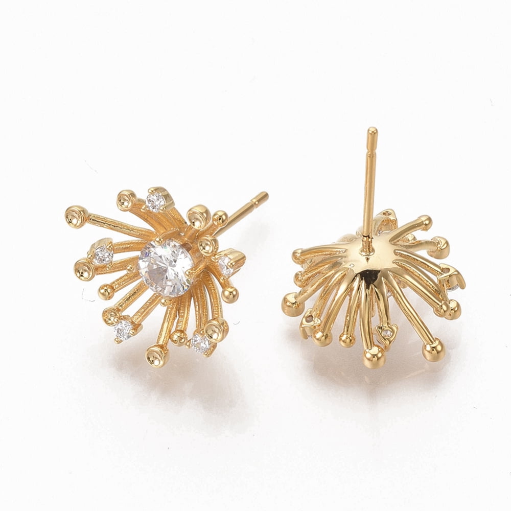 30pcs Brass Clear Cubic Zirconia Stud Earrings Nickel Free Flower golden 18x13.5mm Pin: 0.8mm