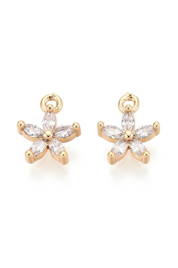 30pcs Brass Cubic Zirconia Charms Cadmium Free & Nickel Free & Lead Free Flower Clear Real 18K golden Plated 9.5x8x3mm Hole: 1mm