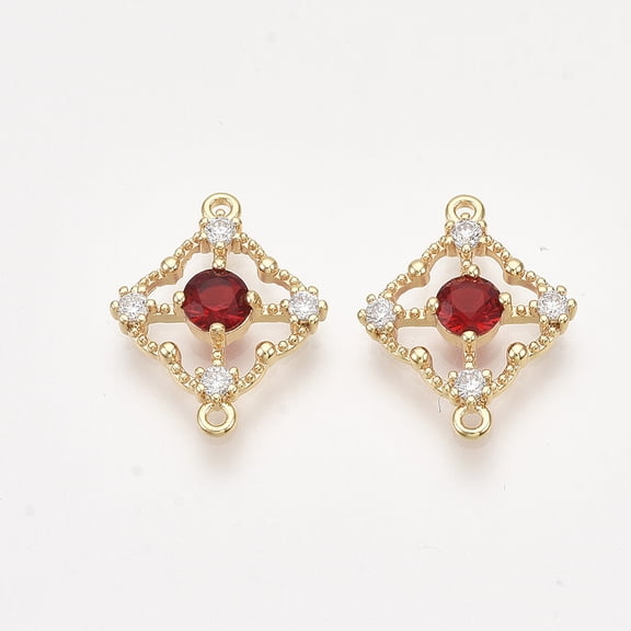 30pcs Brass Cubic Zirconia Links golden Nickel Free Rhombus Red 17x14x3mm Hole: 1mm Diagonal Length: 17mm Side Length: 10.5mm
